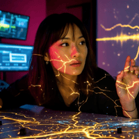 Aya, die Protagonistin aus Band 3. Eine VJ umgeben von digitalen Projektionen und Lichtkunst.