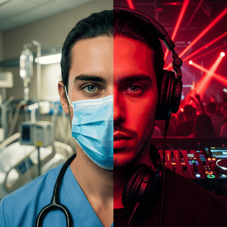 Jonas Danling. Geteiltes Gesicht: Links als Krankenpfleger mit medizinischer Maske und Kittel, rechts als DJ mit Kopfhörern in dunkler Club-Atmosphäre mit rotem Licht.