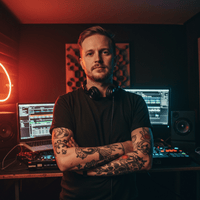Liam, der Mentor. Ein erfahrener DJ mit Tattoos und Kopfhörern im Studio.