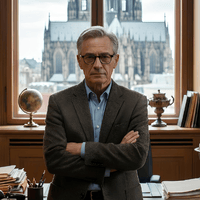 Dr. Althaus, Professor für Medienkultur an der Uni Köln. Ein älterer Mann mit nachdenklichem Blick in akademischem Umfeld.