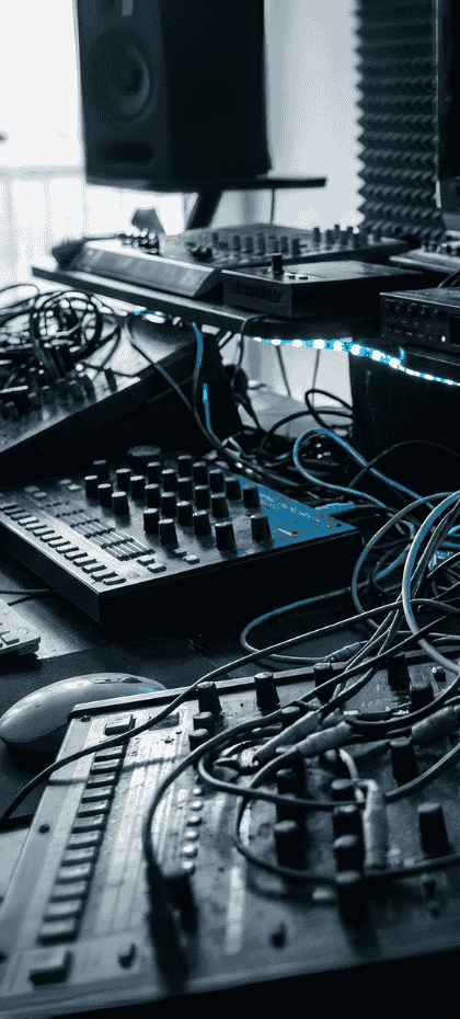 Nahaufnahme von Hardware-Synthesizern und Kabeln in einem dunklen Musikstudio, beleuchtet von blauen LEDs. Symbolisiert die frühe, analoge Produktionsphase von Jonas Danling (2010–2012).